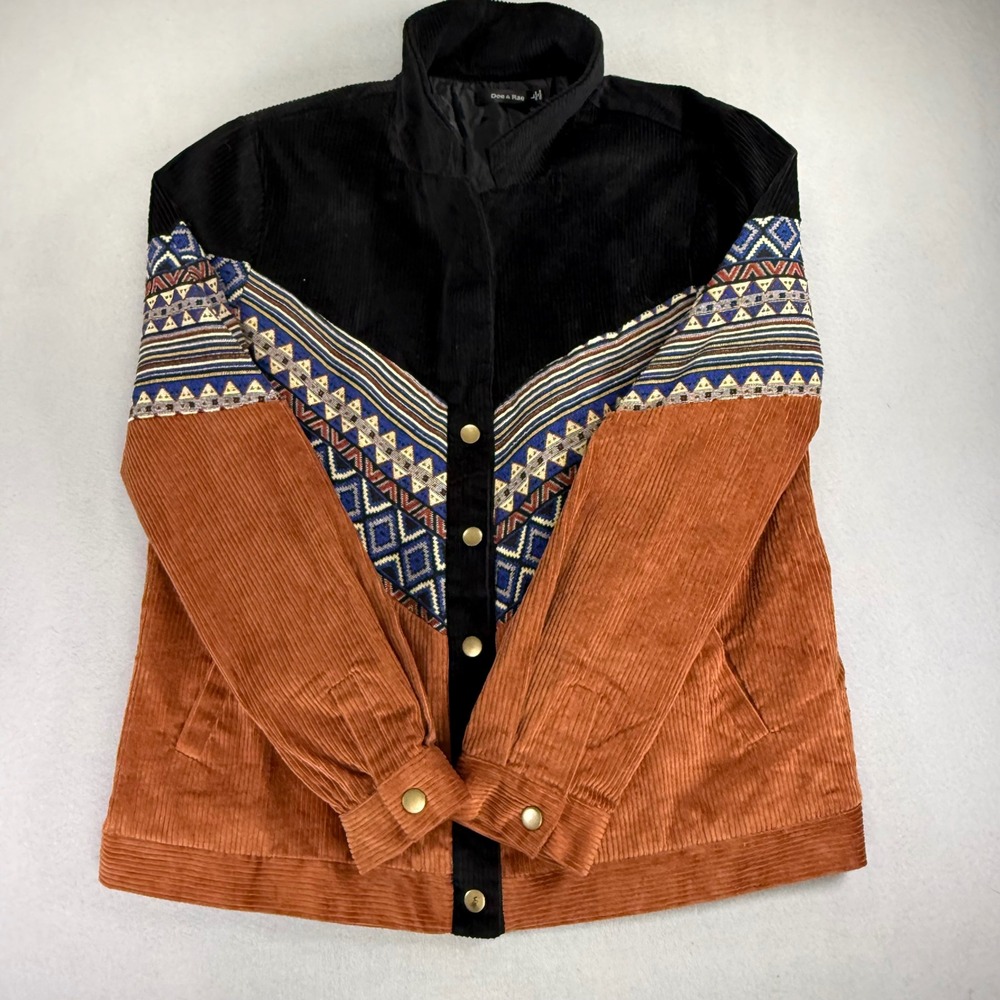 Doe & Rae Corduroy Southwestern Tapestry Jacket Black Rust Orange Size L 9992J
